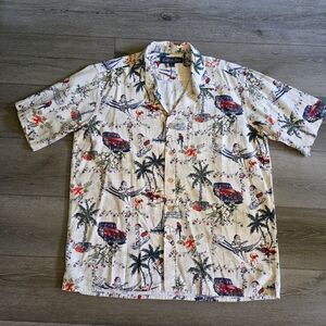 Vintage Keeler Bay Mens Hawaiian Christmas Santa Woodie Buttonfront Camp Shirt L